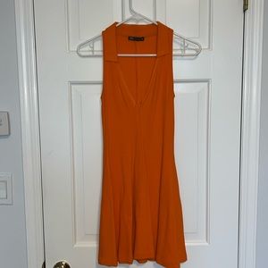 ZARA Lapel Collar Deep V Ribbed Skater Dress